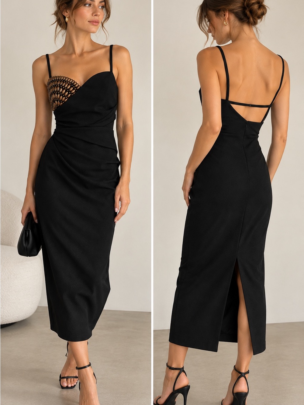 Nanushka Black Beaded-Accent Midi Dress